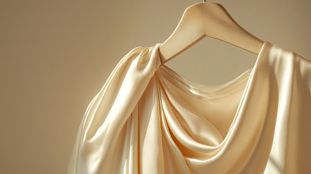 This elegant image features a silk garment draped gracefully over a hanger, providing a soft, luxurious presentation against a neutral background, perfect for fashion showcases.の素材