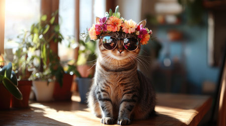 A playful tabby cat dons a colorful flower crown and stylish sunglasses, bringing a charming vibe to a cozy indoor setting. Perfect for cat lovers.の素材