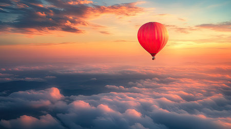 A vibrant red balloon floats gracefully above soft clouds during a stunning sunset, capturing the essence of tranquility and adventure in the sky.の素材