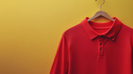 A stylish red long sleeve polo shirt hanging on a wooden hanger against a warm yellow background, perfect for casual wear and showing off modern fashion trends.の素材