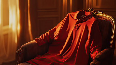 A striking red long sleeve polo shirt elegantly draped over a chair, showcasing its style and comfort in a beautifully lit interior setting. Perfect for fashion enthusiasts.の素材