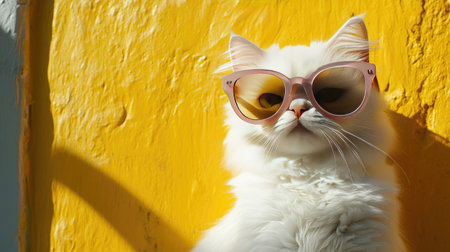A fashionable white cat sports oversized sunglasses, posing against a vibrant yellow wall, capturing a playful and stylish moment in bright sunlight.の素材