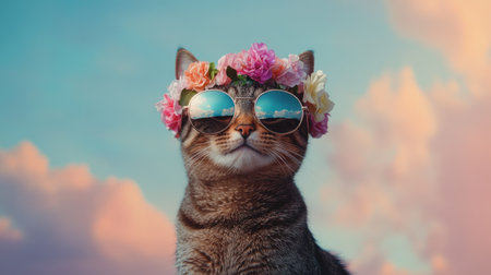 This charming portrait features a tabby cat adorned with stylish sunglasses and a floral crown. The vibrant background enhances its glamorous look, creating a playful and whimsical atmosphere.の素材