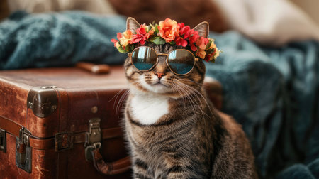 A charming tabby cat sporting a floral crown and sunglasses, exuding a stylish and playful vibe in a cozy indoor setting. Perfect pet portrait idea.の素材