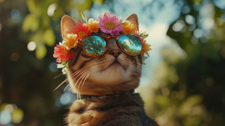 A vibrant tabby cat wears a flower crown and stylish sunglasses, exuding charm and personality in a sunlit, outdoor setting filled with greenery.の素材
