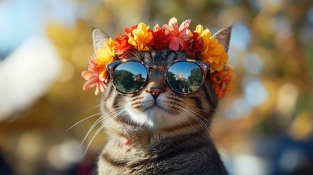 A charming tabby cat wearing stylish floral sunglasses poses vibrantly, showcasing a fun and playful spirit, perfect for summer-themed photography.の素材