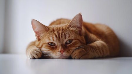 A sad orange cat reclines with its ears back, showcasing a relaxed demeanor. The close-up captures its soft fur and gentle expression in an indoor setting.の素材