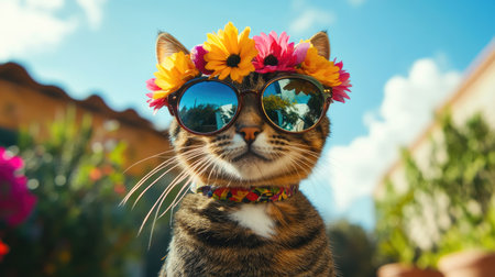 A charming tabby cat wearing stylish sunglasses and a floral crown poses in a vibrant outdoor setting, capturing the essence of fun and whimsy.の素材