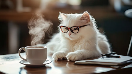 A sophisticated white cat wearing glasses sits beside a coffee cup, exuding charm and elegance in a cozy afternoon setting. The warm ambiance showcases a blend of style and tranquility.の素材