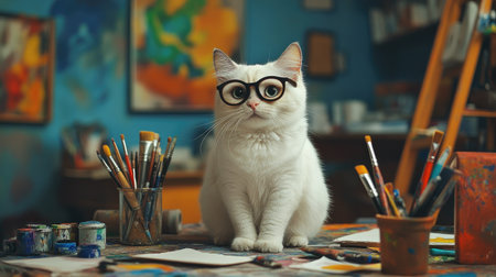 A charming white cat wearing glasses sits in an art studio surrounded by colorful paint supplies, showcasing a whimsical and playful atmosphere.の素材
