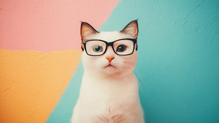 A stylish white cat wearing glasses poses against a vibrant, colorful backdrop. This playful pet exudes charm and character in a trendy setting.の素材