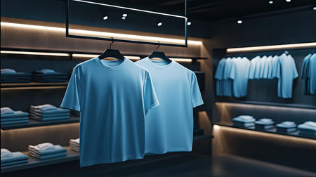 This image features stylish blue light t-shirts for men and women hanging in a modern retail store, showcasing a fresh and trendy apparel collection.の素材