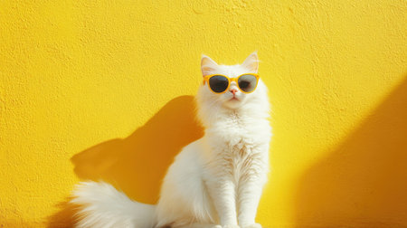 This stylish white furry cat poses confidently in sunglasses against a vibrant yellow wall, exuding charm and elegance in a playful, eye-catching manner.の素材