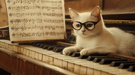 A charming white cat wearing glasses lies elegantly on a piano. Surrounded by sheet music, this playful scene captures creativity and tranquility, perfect for cat lovers.の素材