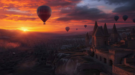 Hot air balloons float gracefully above a stunning fantasy landscape at sunset, creating a magical atmosphere filled with vibrant colors and serenity.の素材