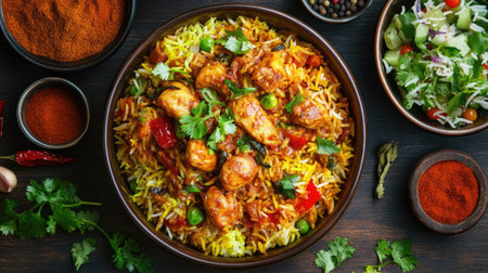 Overhead shot of a colorful Chicken Biryani dish with fragrant rice, tender chicken pieces, and a side of salad,の素材