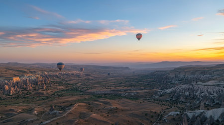 Experience the beauty of scenic hot air balloons gracefully hovering over a picturesque landscape at sunrise, creating a stunning visual spectacle.の素材
