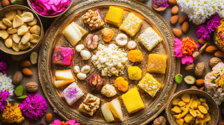 Overhead shot of a vibrant platter filled with kaju katli, surrounded by an array of colorful nuts and flowers,の素材