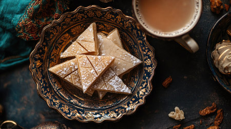 Overhead view of kaju katli served with a side of fragrant chai in a decorative cup, creating a cozy and inviting atmosphere perfect for sharing.の素材