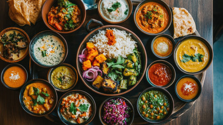 Overhead shot of a thali meal featuring an array of flavors, including vegetarian and non-vegetarian options,の素材