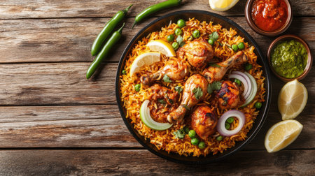 Top view of a Chicken Biryani platter, accompanied by sliced onions, green chilies, and lemon wedges,の素材