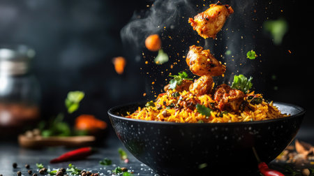 Spicy chicken biryani with vibrant saffron rice and tender chicken pieces flying in mid-air, surrounded by floating spices and fresh herbs,の素材