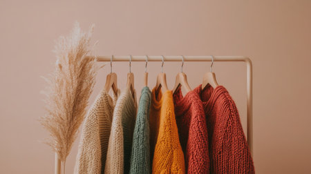 A beautiful arrangement of colorful sweaters on a clothing rack, showcasing various textures and warm tones against a soft beige background, perfect for fashion and lifestyle themes.の素材