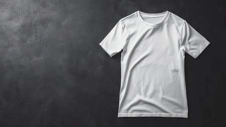 A plain white shirt lays flat on a dark background, showcasing its minimalist design and perfect for clothing mockups or fashion presentations. Ideal for various applications.の素材