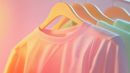 This image features pastel-colored shirts elegantly hanging on hangers, creating a warm and inviting atmosphere. Perfect for fashion or lifestyle themes.の素材