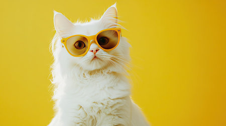 A charming white cat wearing stylish yellow sunglasses poses against a vibrant yellow background, radiating playful energy and chic personality. Perfect for pet lovers!の素材