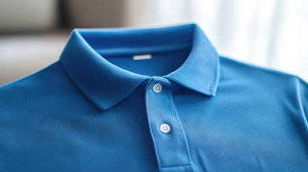 A close-up view of a blue polo shirt laid flat on a clean, white background. Ideal for fashion, apparel collections, or casual outfit inspiration.の素材