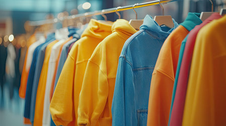 A vibrant display of colorful hoodies showcasing casual fashion trends in a modern retail environment. Perfect for highlighting contemporary clothing styles.の素材