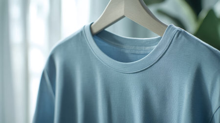 A light blue shirt designed for men hanging on a wooden hanger. This image highlights the fabric's texture and simplicity, ideal for fashion showcases.の素材