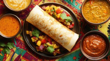 Top view of a neatly rolled dosa placed on a colorful tablecloth, surrounded by bowls of chutneys and sambar,の素材