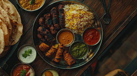 Top view of a beautifully arranged thali, showcasing traditional Indian food items like biryani, kebabs, and chutneys,の素材
