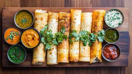 Top view of a crispy dosa arranged on a wooden platter, accompanied by an assortment of colorful dipping saucesの素材