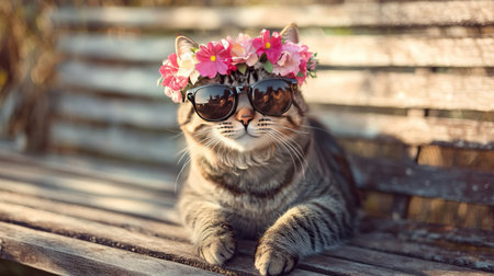 This charming tabby cat dons a floral crown and stylish sunglasses, radiating charisma. Perfect for summer-themed and pet-focused visuals, showcasing a fun personality.の素材