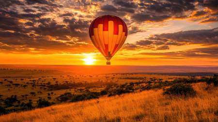 A vibrant hot air balloon rises gently above a stunning landscape at sunset, showcasing beautiful colors and serene scenery in a tranquil outdoor setting.の素材