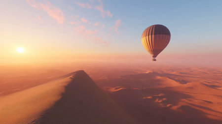 A beautiful hot air balloon floats serenely over a vast desert landscape during sunset, showcasing the vibrant colors of the sky and sand dunes.の素材