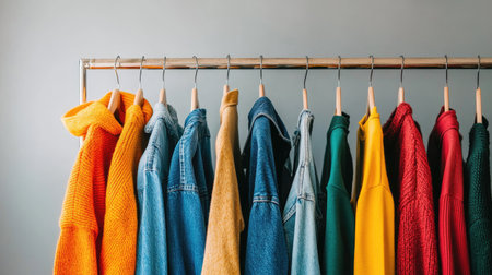 A stylish clothing rack showcasing a variety of colorful outerwear including hoodies and jackets. Perfect for fashion displays and wardrobe inspiration.の素材