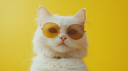 This captivating portrait features a fluffy white cat wearing stylish sunglasses, set against a vibrant yellow background. Perfect for lighthearted themes.の素材