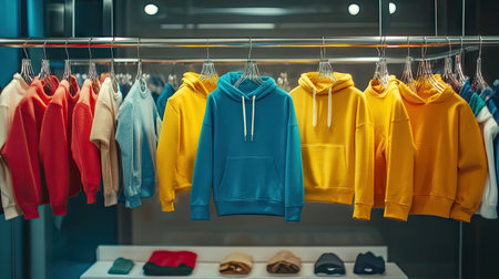 A vibrant display of colorful hoodies and blue jeans in a modern retail setting. Perfect for showcasing casual fashion trends and versatile outfits.の素材