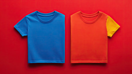 This eye-catching mock-up features high-quality shirts in blue, red, and yellow on a bold red background, perfect for showcasing designs or apparel concepts.の素材