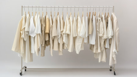 A stylish display of neutral clothing on a rack, showcasing soft tones and minimal design. Perfect for fashion, retail, or decor imagery.の素材