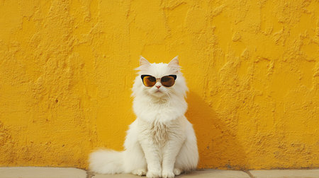 A stylish fluffy white cat sporting chic sunglasses poses against a vibrant yellow wall, exuding a cool and relaxed vibe perfect for any pet lover.の素材