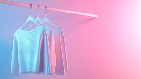 A stylish clothing display featuring garments on hangers, presented against a soft pink and blue background. Perfect for fashion boutiques or creative projects.の素材