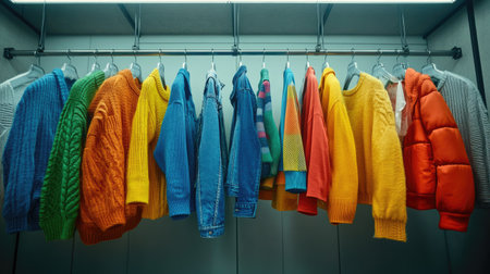 A vibrant display of colorful sweaters and blue jeans hanging in a modern closet, showcasing a variety of textures and styles ideal for casual outfits.の素材