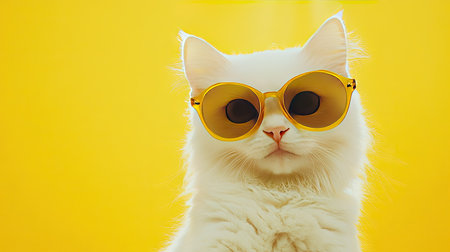 This artistic portrait features a stylish white cat wearing trendy sunglasses against a vibrant yellow background, capturing a playful and chic personality.の素材