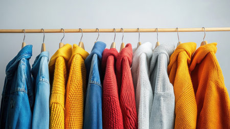 A vibrant display of colorful sweaters and blue jeans hanging on a wooden rack. Perfect for showcasing the latest fashion trends in casual wear.の素材