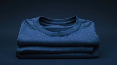 A modern deep blue shirt folded neatly, perfect for both men and women. Ideal for casual styling or elegant layering, offering comfort and versatility in any wardrobe.の素材